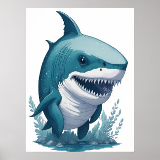 Poster Chibi Kawaii Shark en Aquarelle