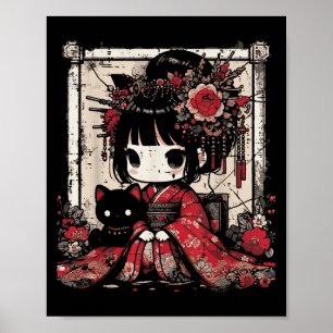 Poster Chibi Kimono Girl Fleurs de chats noirs Art W japo