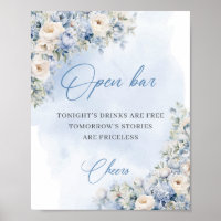Chic aquarelle bleu et blanc roses open bar