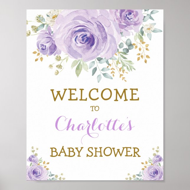 Poster Chic Aquarelle Floral Purple Gold Baby shower (Devant)
