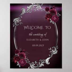 Poster Chic Argent Frame Bourgogne Roses
