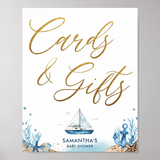 Poster Chic Baby shower nautique Blue Gold Cartes & Cadea (Devant)