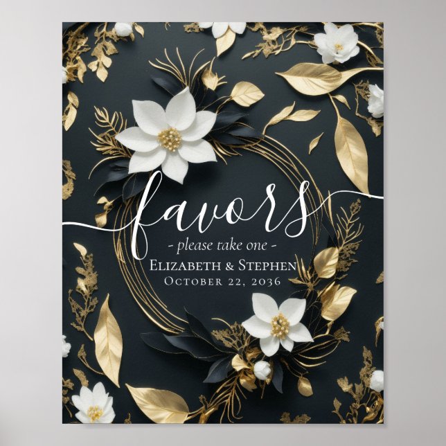 Poster Chic Black Blanc Or Floral Wreath Wedding Faveurs (Devant)