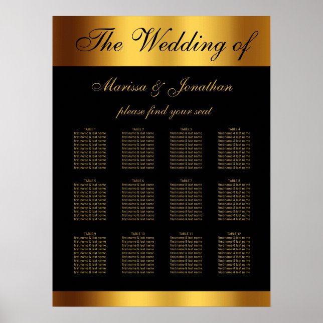 Poster Chic Black Gold Script Bordure Mariage Siège (Devant)