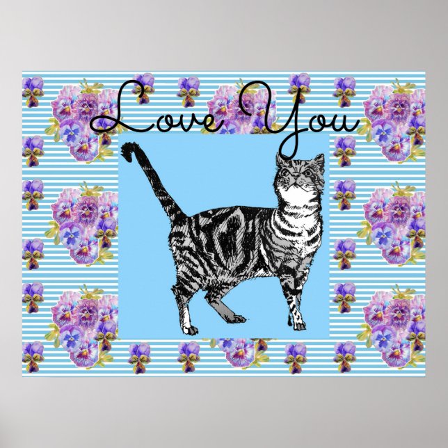 Poster Chic Bleu Shabby Tabby Chat Amour Coeur (Devant)