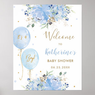 Poster Chic Blue Balloons Floral Boy Baby shower Bienvenu