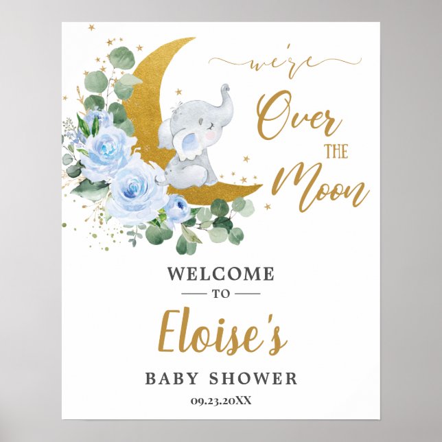 Poster Chic Blue Floral Elephant Moon Baby shower Bienven (Devant)