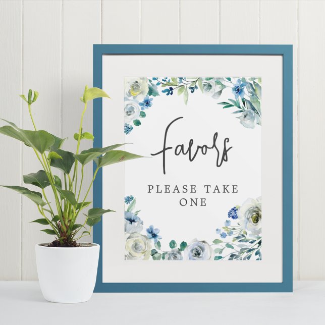 Poster Chic Blue Floral manuscrit Script mariage Faveurs (Créateur téléchargé)