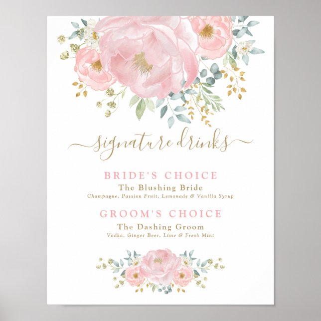 Poster Chic Blush Fleurs Roses Mariage Signature Boissons (Devant)
