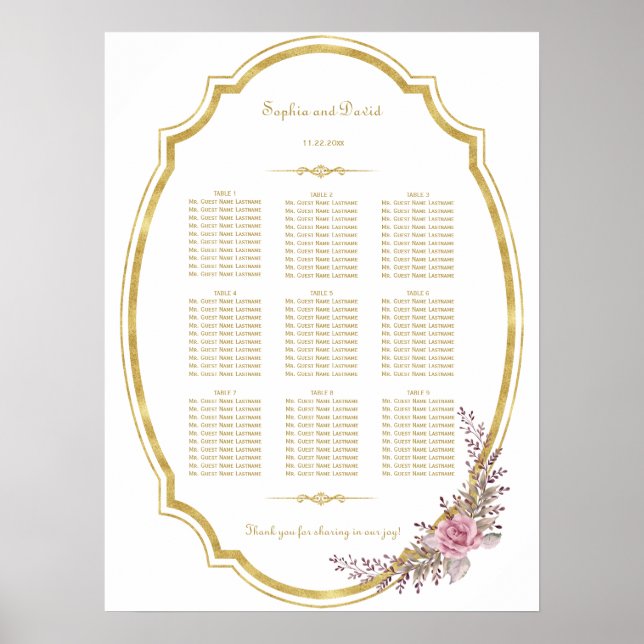 Poster Chic Blush Floral Gold Cadre de siège graphique (Devant)
