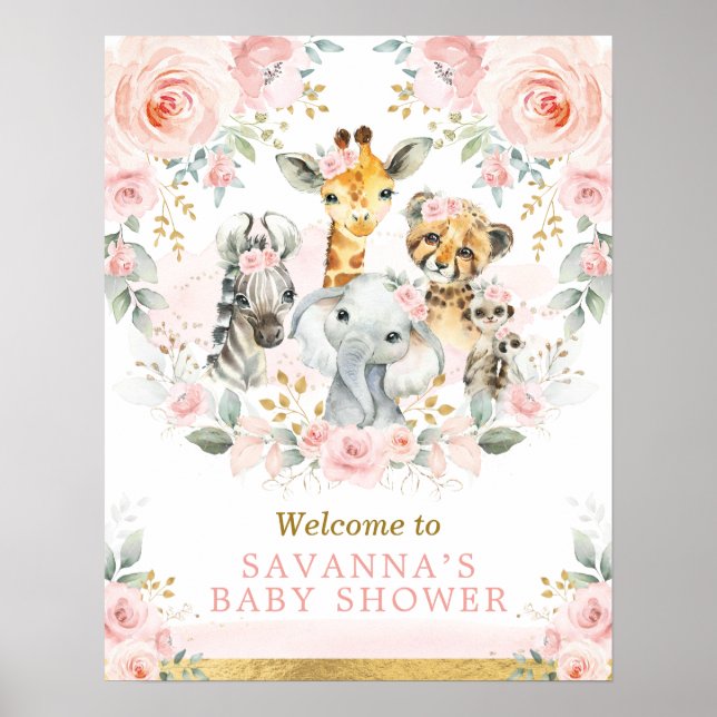 Poster Chic Blush Gold Jungle Safari Bébé Animaux Bienven (Devant)