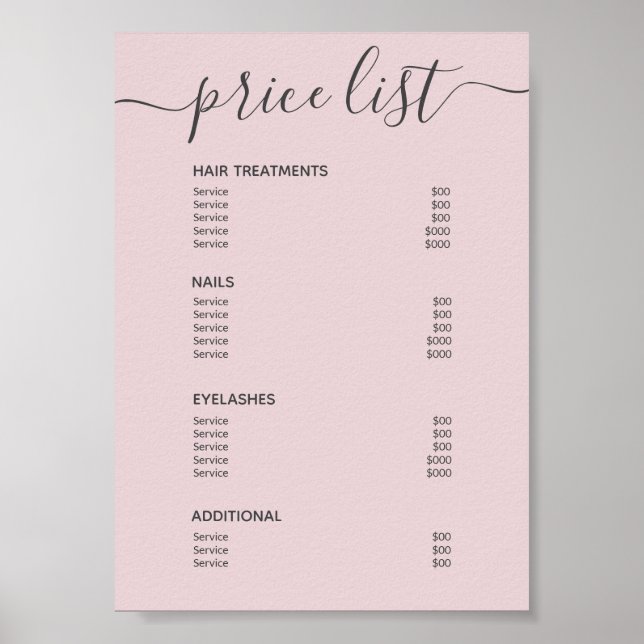 Poster Chic Blush Pink Hair Salon Tarifs Menu Service (Devant)