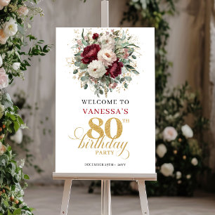 Poster Chic Bohème Bordeaux Floral Bienvenue pour le 80èm