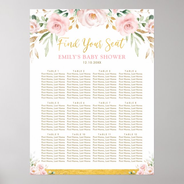 Poster Chic Boho Blush Floral Girl Baby shower Siège (Devant)