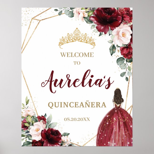 Poster Chic Bourgogne Blush Floral Quinceañera Bienvenue (Devant)