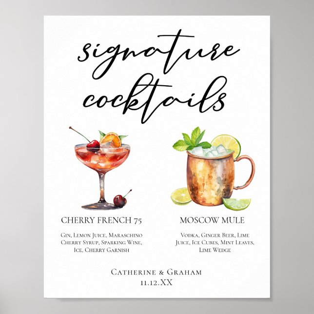 Poster Chic Bride Groom Signature Cocktails Menu Mariage (Devant)