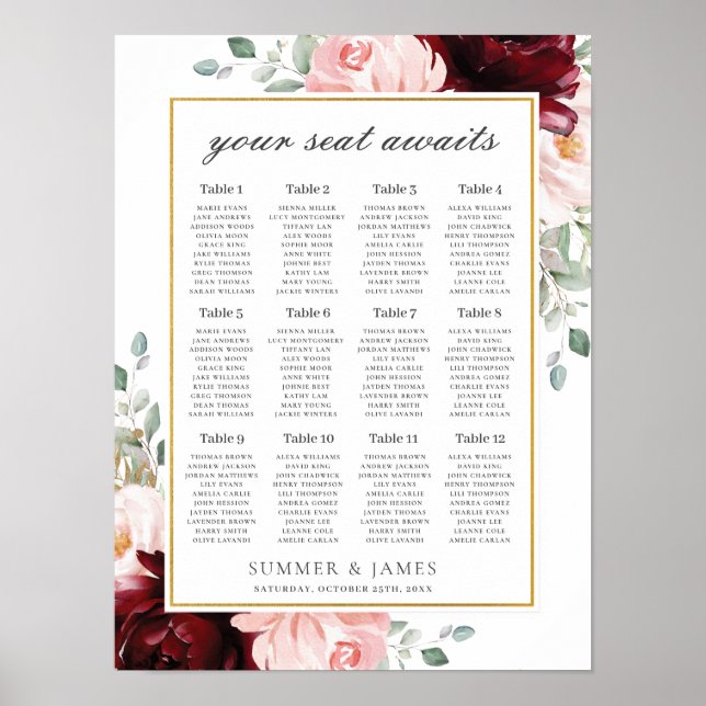 Poster Chic Burgundy Blush Rose Floral Mariage Siège (Devant)