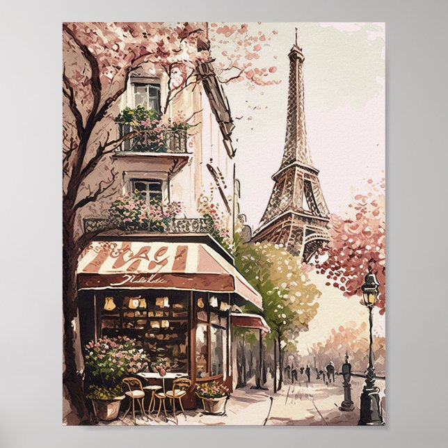 Poster Chic Café Parisien Tour Eiffel Paris Scène France (Devant)