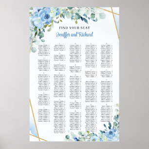 Poster Chic Dusty bleu fleurs cadre or Alphabétique