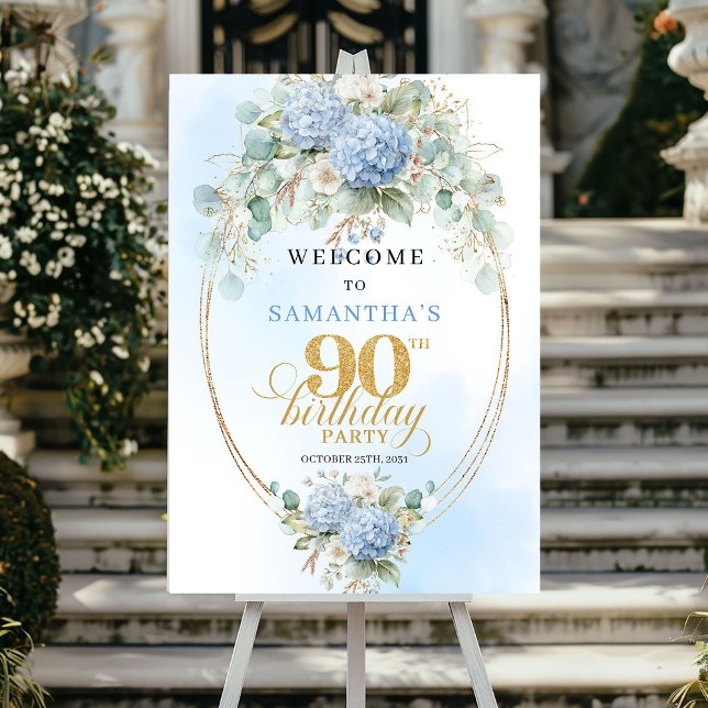 Poster Chic Dusty Blue Floral 90th birthday welcome (Chic Dusty Blue Floral 90th birthday welcome)