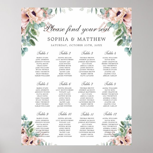 Poster Chic Dusty Rose Blush Floral Mariage Graphique de  (Devant)