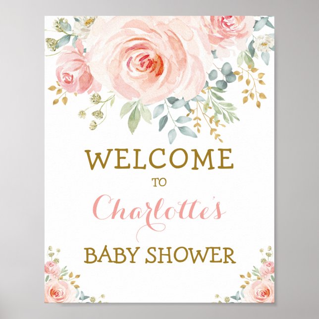 Poster Chic Fleurs Aquarelle Rose Pâle Or Baby Shower (Devant)