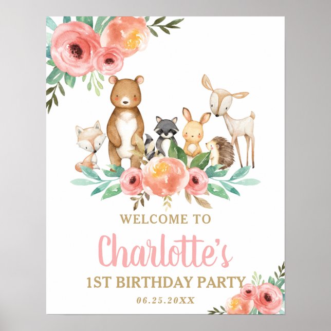 Poster Chic Floral Bois Animaux 1er anniversaire Bienvenu (Devant)