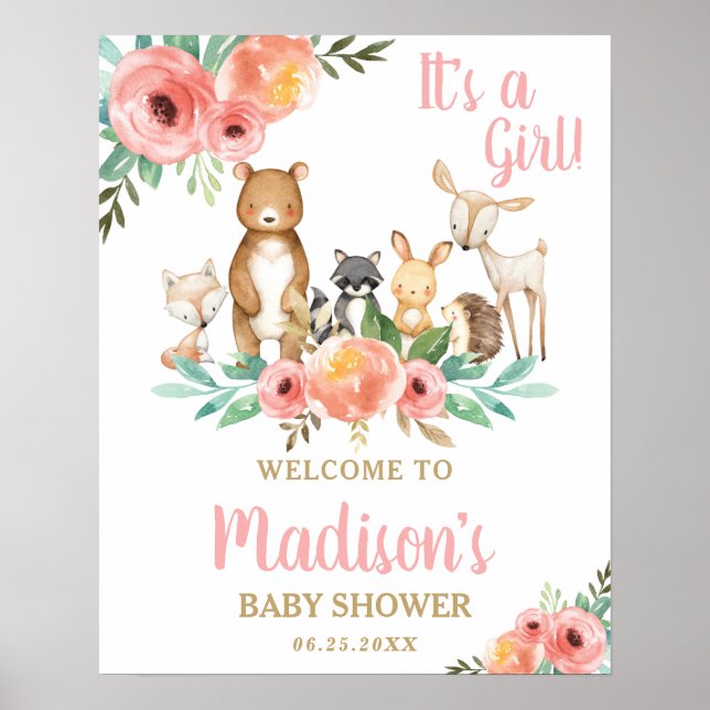 Poster Chic Floral Bois Animaux Baby shower Bienvenue (Devant)