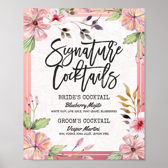Poster Chic Floral Mariage Signature Cocktail Menu Boisso (Devant)