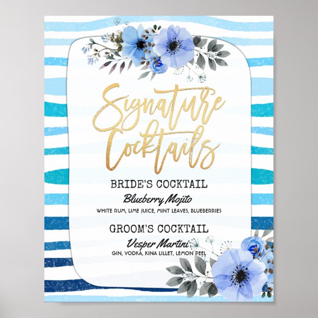 Poster Chic Floral Mariage Signature Cocktail Menu Boisso (Devant)