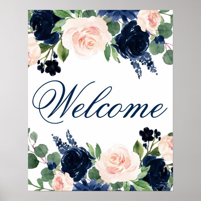 Poster Chic Floral | Romantic Blush Navy Fête des mariées (Devant)