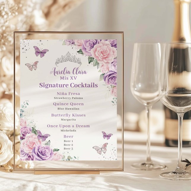 Poster Chic Lilac Rose Floral Quinceanera Bar Menu Boisso (Créateur téléchargé)