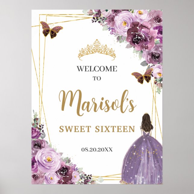 Poster Chic Mauve Plum violet Floral Tiara Sweet sixteen (Devant)