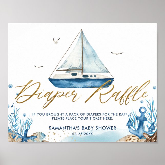 Poster Chic Nautical Boat Gold Baby shower Déchets Raffle (Devant)