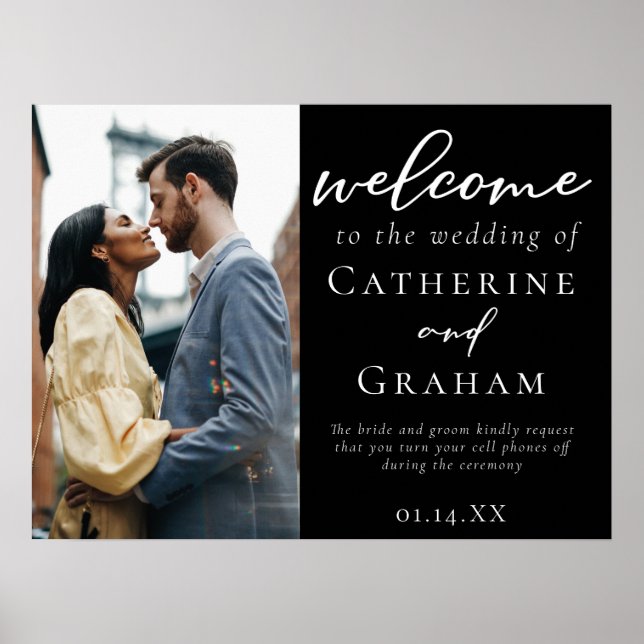 Poster Chic noir blanc Mariage Couple Photo Bienvenue (Devant)