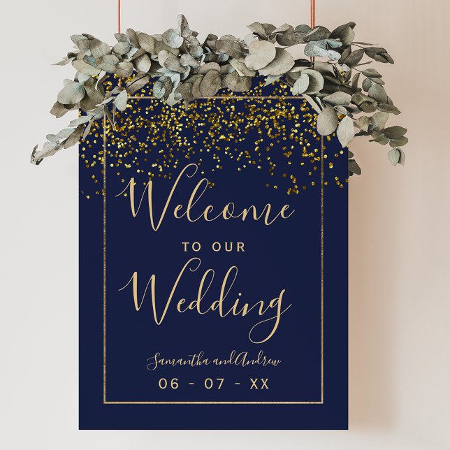 Poster Chic or confetti marine bleu mariage accueil (Chic gold confetti navy blue wedding welcome poster)