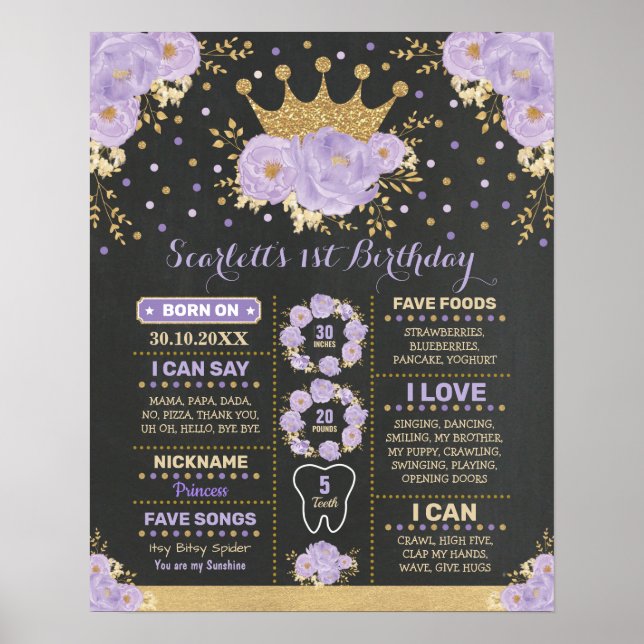 Poster Chic Purple Gold Floral Crown Princess Milestone (Devant)