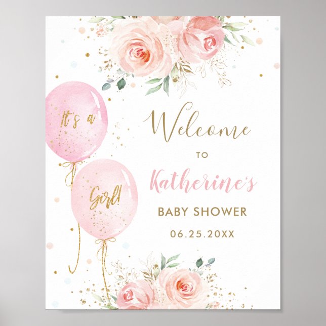 Poster Chic rose Ballons Floral Girl Baby shower Bienvenu (Devant)