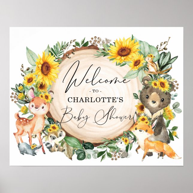 Poster Chic Sunflower Woodland Forest Baby shower Bienven (Devant)
