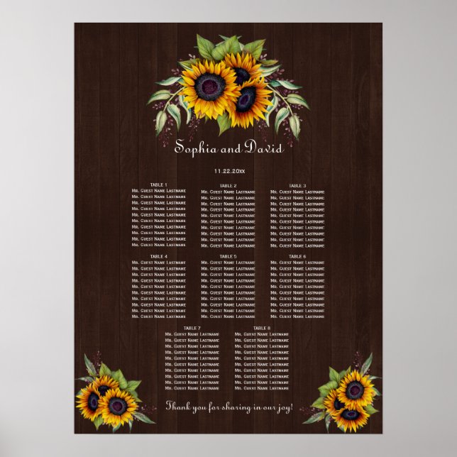 Poster Chic Sunflowers Mariage de bois carte de siège (Devant)