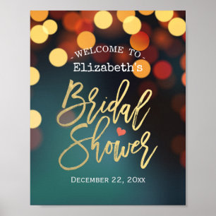 Poster Chic Turquoise Gold Bokeh Lights Fête des mariées 