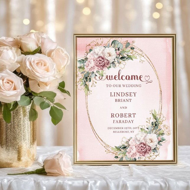 Poster Chic Wedding Welcome Dusty Pink Floral Gold (Chic Wedding Welcome Dusty Pink Floral Gold)