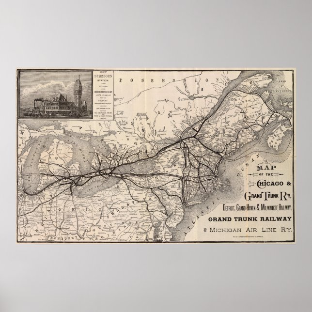 Poster Chicago Grand Trunk Railway Map, 1887 (Devant)