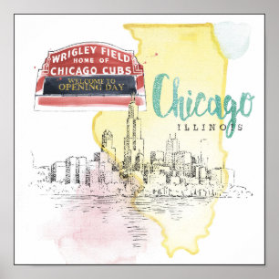 Poster Chicago, Illinois Image d'esquisse d'aquarelle