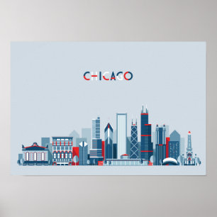Poster Chicago, Illinois   Skyline rouge, blanc et bleu