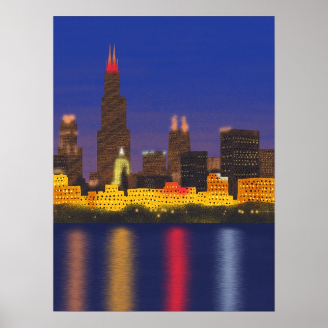 Poster Chicago Lake Skyline la nuit (Devant)