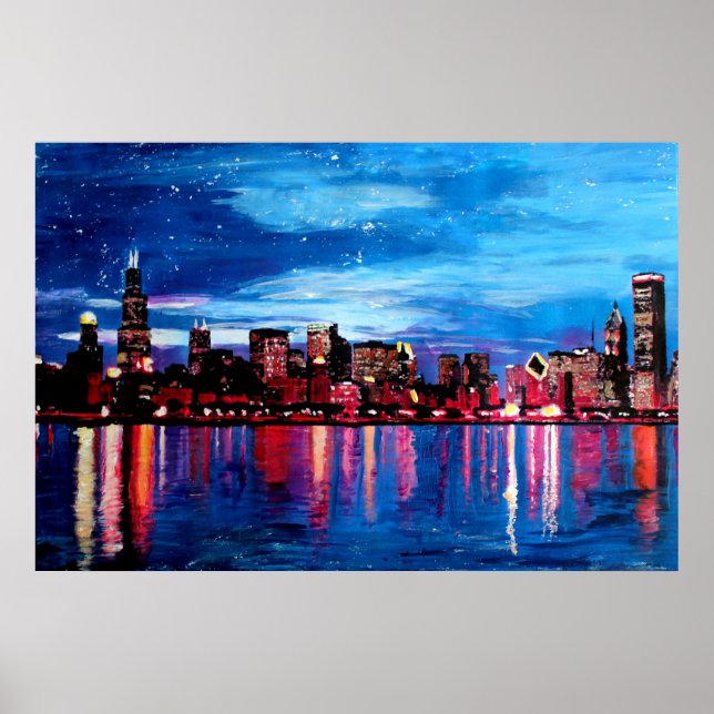 Poster Chicago Skyline la nuit (Devant)