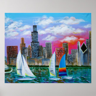 Poster Chicago Skyline par le lac Michigan