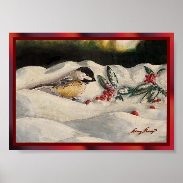 Poster Chickadee and Mistletoe on Christmas Winter Snow P (Devant)