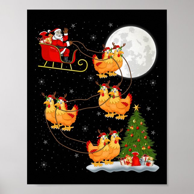 Poster Chicken Santa Sleigh Flying Funny Magical Christma (Devant)